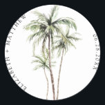 Palm Tree Tropical | Minimal Wedding Classic Round Sticker<br><div class="desc">Sandy beaches and warm breezes are what this design is all about. Celebrate your tropical wedding theme with our simple,  minimal palm tree design. This design is fully customizable and colors can be swapped to your liking.</div>