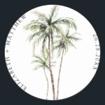 Palm Tree Tropical | Minimal Wedding Classic Round Sticker<br><div class="desc">Sandy beaches and warm breezes are what this design is all about. Celebrate your tropical wedding theme with our simple,  minimal palm tree design. This design is fully customizable and colors can be swapped to your liking.</div>