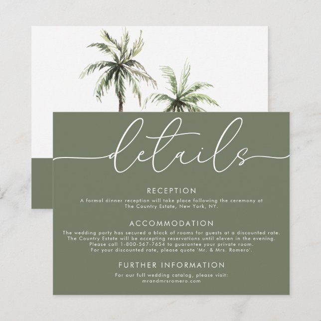 Palm Tree Tropical | Minimal Wedding Details Card (Front/Back)