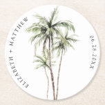 Palm Tree Tropical | Minimal Wedding Round Paper Coaster<br><div class="desc">Sandy beaches and warm breezes are what this design is all about. Celebrate your tropical wedding theme with our simple,  minimal palm tree design. This design is fully customizable and colors can be swapped to your liking.</div>