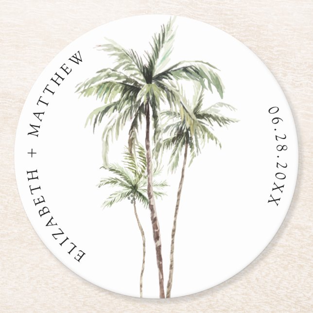 Palm Tree Tropical | Minimal Wedding Round Paper Coaster (Front)