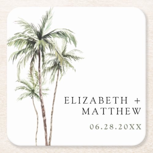 Palm Tree Tropical  Minimal Wedding Square Paper Coaster