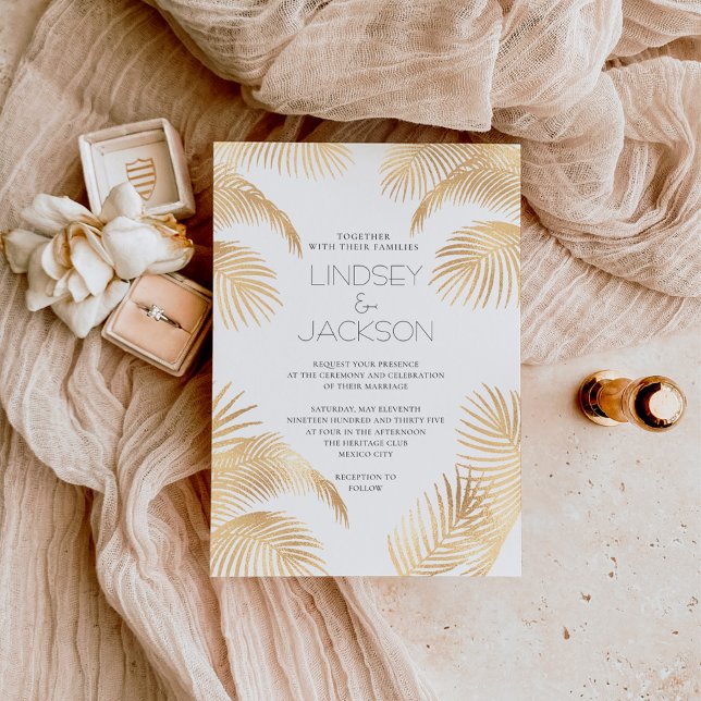 Palm Tree Tropical Minimalist Beach Wedding Gold Foil Invitation (Creator Uploaded)