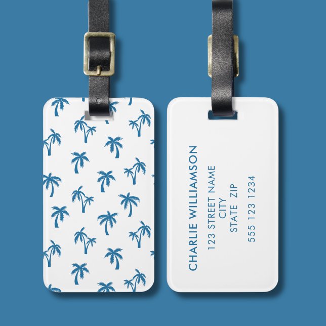 Palm Tree Tropical pattern blue white Luggage Tag (Blue palm tree luggage tag)