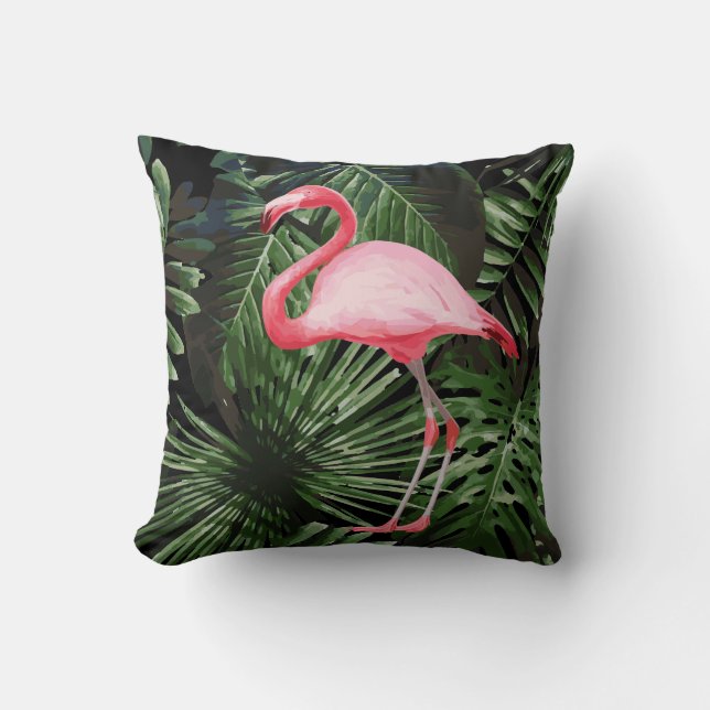 Palm Tree Tropical Pink Flamingo Throw Pillow (Front)