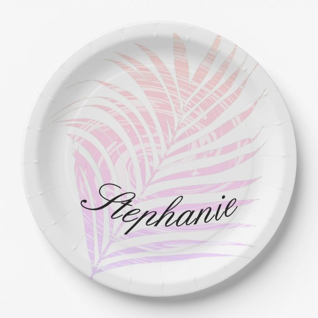 Palm Tree Tropical Pink Patterns Custom Name  Paper Plates (Front)