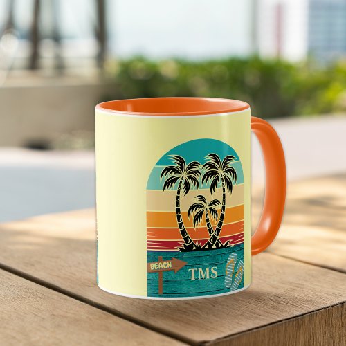 Palm Tree Tropical Retro Sunset FlipFlops Monogram Mug