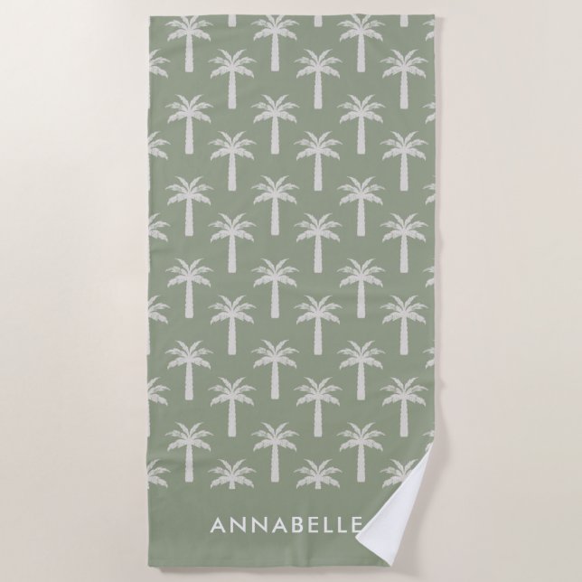 Palm tree tropical summer botanical sage green beach towel (Front)