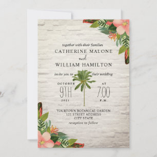 Palm Tree Tropical White Brick Wedding Invitation