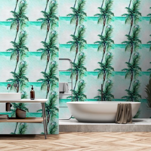 Palm tree turquoise ocean coastal seamless pattern wallpaper 