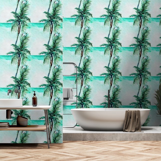Palm tree turquoise ocean coastal seamless pattern wallpaper  (Bathroom)