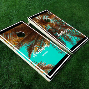 Palm Tree Turquoise Sky Family Name Cornhole Set