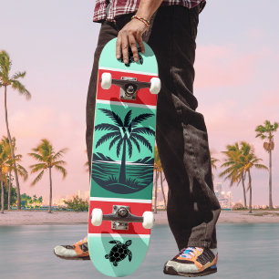 Palm Tree Turtle Silhouette Red Green Initial Skateboard