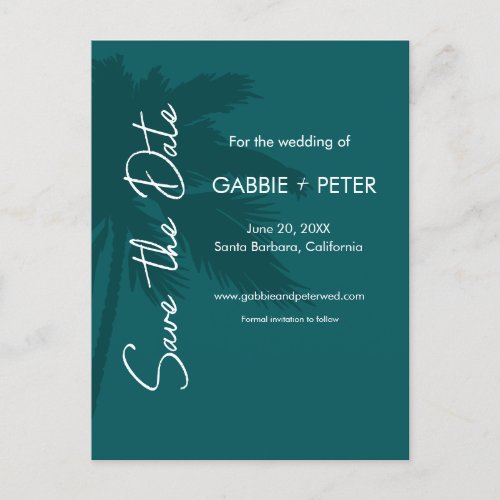 Palm Tree Typography Modern Teal Save the Date Postcard