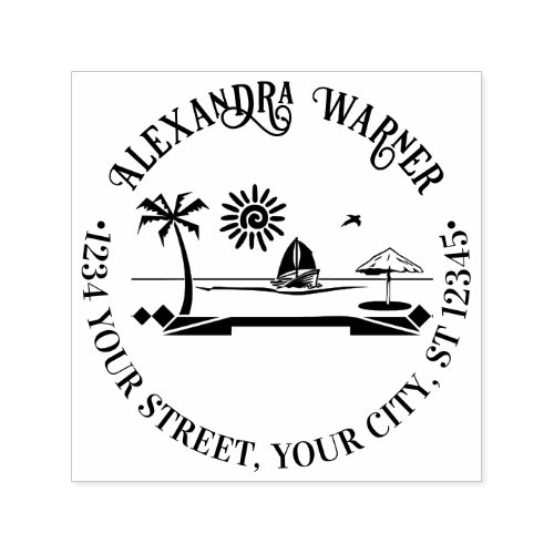 Palm Tree Vacation Seashore Beach Name Address Self_inking Stamp