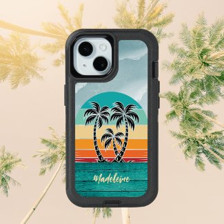 Palm Tree Vintage Beach Silhouette Sunset w Name