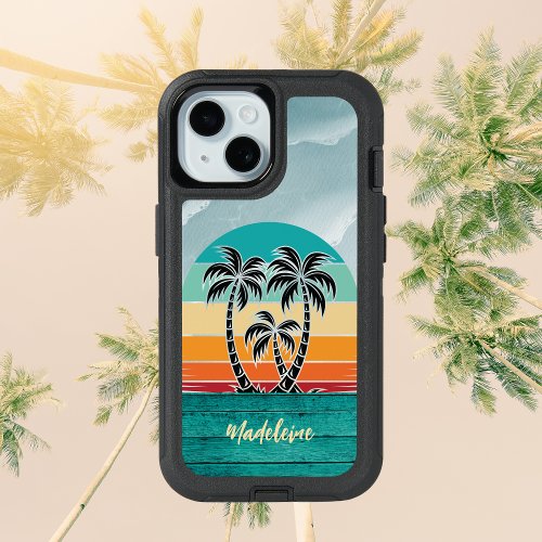 Palm Tree Vintage Beach Silhouette Sunset w Name iPhone 15 Case