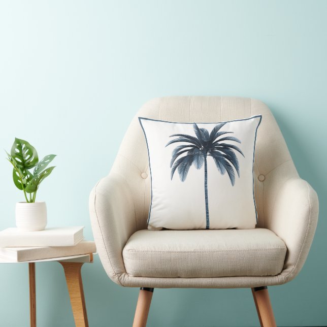 Palm Tree Vintage Blue  frame Tropical Elegant Throw Pillow (Chair)