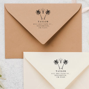 Palm-tree Vintage Initial & Family Return Address Rubber Stamp