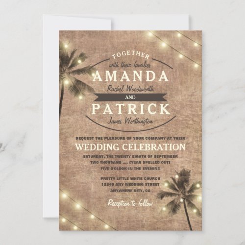 Palm Tree Vintage Lights Beach Wedding Invitations
