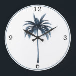 Palm Tree Vintage Tropical Elegant Blue Frame Large Clock<br><div class="desc">Elegant palm tree on a vintage style are the background  for this blue framed clock.

Elegant Tropical Vintage design. The Palm tree is on a background of modern blue and white  design.

From Chessie's fine Designs.</div>