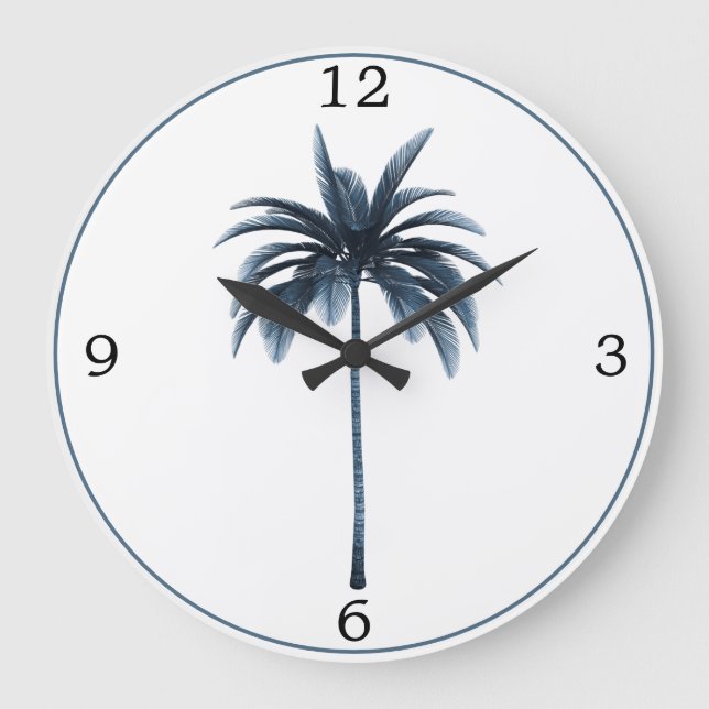 Palm Tree Vintage Tropical Elegant Blue Frame Large Clock (Front)