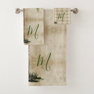 Palm Tree Vintage Tropical Elegant Monogram Bath Towel Set