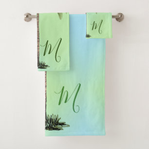Palm Tree Vintage Tropical Elegant Monogram Green Bath Towel Set