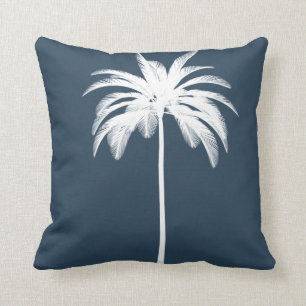 Palm Tree Vintage White Blue Tropical Elegant Throw Pillow