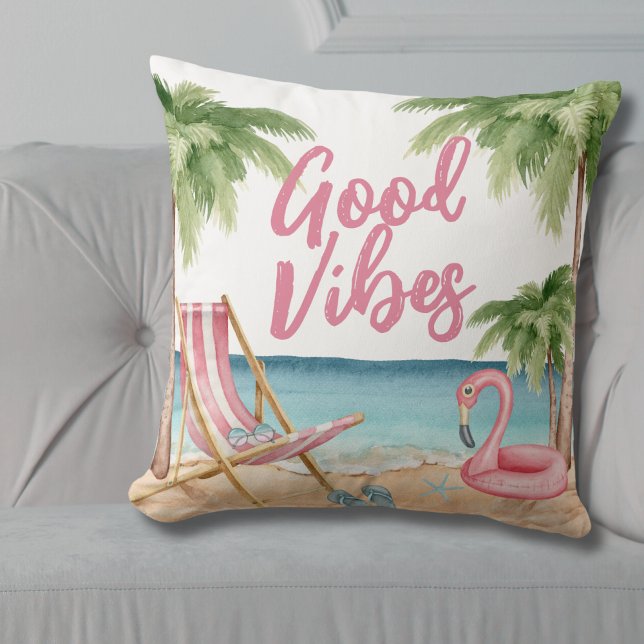 Palm Tree Watercolor Beach Throw Pillow (Colorful Good Vibes Palm Tree Watercolor Beach Throw Pillow)