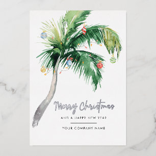 Palm Tree Watercolor Business Christmas Silver Foil Holiday Card
