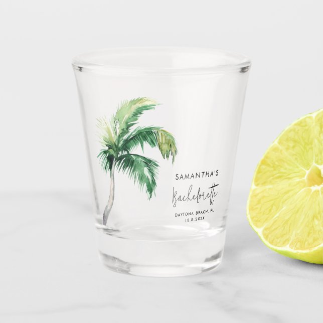 Palm Tree Watercolor Personalized Bachelorette Shot Glass (Front)