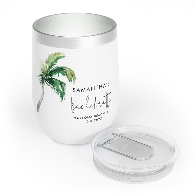 Palm Tree Watercolor Personalized Bachelorette Thermal Wine Tumbler (Palm Tree Florida Miami Beach Bachelorette Weekend Party)