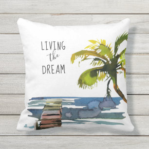 Palm Tree Waterfront Living the Dream Tropical Outdoor Pillow