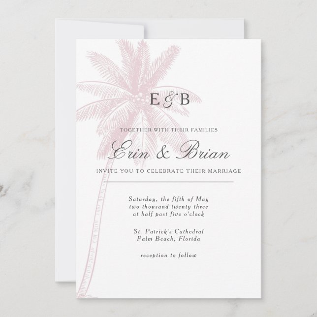 Palm Tree Wedding Invitation Pink Blush Vintage (Front)