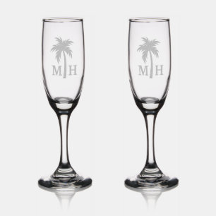 Palm Tree Wedding Monogram Champagne Flute