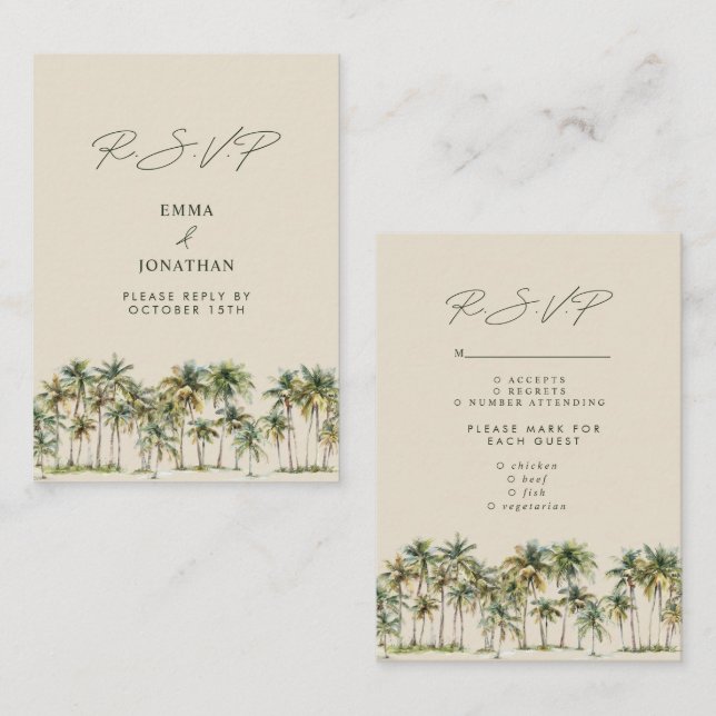Palm Tree Wedding RSVP Tropical Destination coast Enclosure Card (Front/Back)