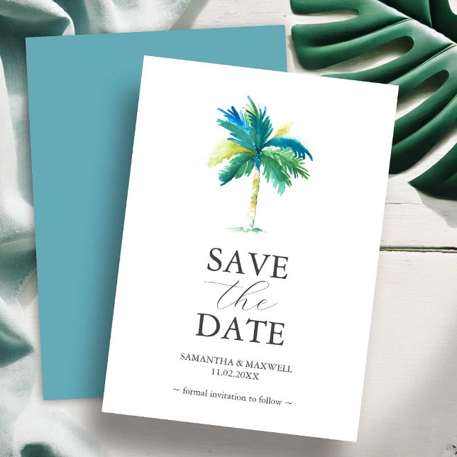 Palm Tree Wedding Save The Date Invitation Cards (Watercolor palm tree save the date wedding invitation art by Victoria Grigaliunas Do Tell A Belle)