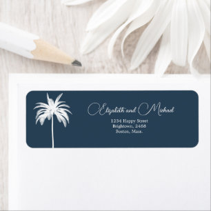 Palm Tree White Blue Elegant Modern Script Label