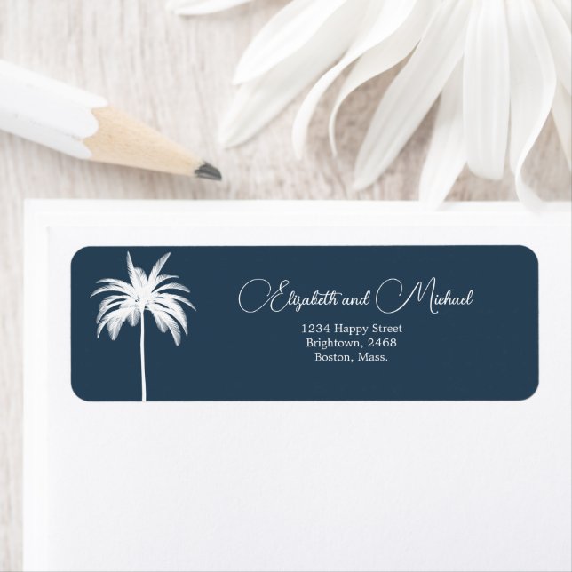 Palm Tree  White Blue Elegant Modern Script Label (Insitu)