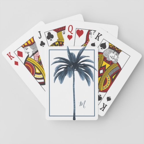 Palm Tree White Blue Tropical Elegant Monogram    Playing Cards