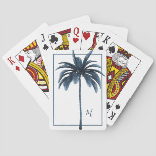 Palm Tree White Blue Tropical Elegant Monogram Poker Cards