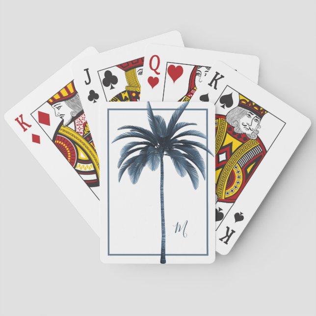 Palm Tree White Blue Tropical Elegant Monogram    Poker Cards (Back)