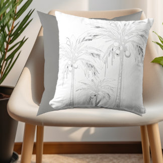 Palm Tree White Gray Modern Watercolor Tropical Throw Pillow