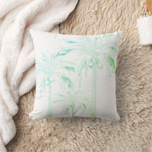 Palm Tree White Green Blue Watercolor Tropical Throw Pillow