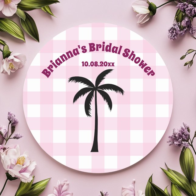 Palm Tree White Pink Checkered Bridal Shower Classic Round Sticker (Creator Uploaded)