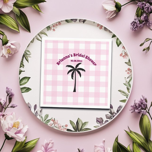 Palm Tree White Pink Checkered Bridal Shower Napkins (Creator Uploaded)