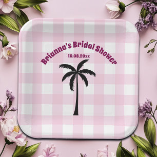 Palm Tree White Pink Checkered Bridal Shower Paper Plates