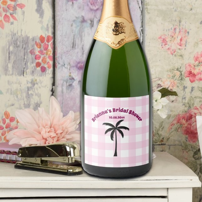 Palm Tree White Pink Checkered Bridal Shower Sparkling Wine Label (Creator Uploaded)