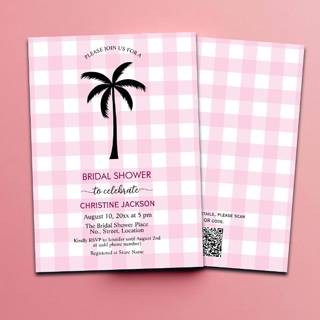 Palm Tree White Pink Checkered QR Code Bridal  Invitation (Creator Uploaded)